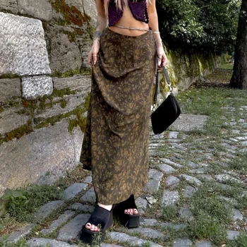 Retro Çiçek Baskı Midi Etekler Tiki Tarzı Kawaii Kadınlar Yüksek Bel Uzun Etek 90s Vintage y2k Fairycore Grunge Boho Elbise