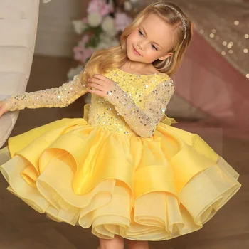 Sarı Kız Pageant Elbise Uzun Kollu Köpüklü Pullu Balo Doğum Günü Törenlerinde Diz Boyu Çiçek Kız Elbise
