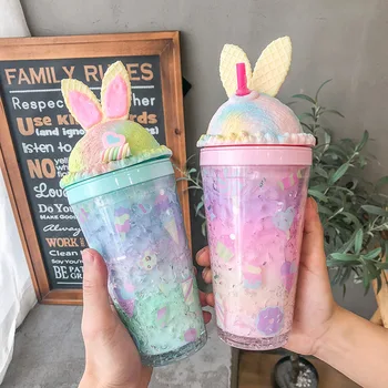 Sevimli tavşan kulaklar karikatür buz kupası kız favori degrade renk yaz yaratıcı kişilik ıns serin saman plastik şişe hediye