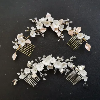 SLBRIDAL El Yapımı Ins Tarzı Seramik Çiçek Yaprak Kristal Gelin Saç Tarak Zinciri Düğün Kafa Bandı saç aksesuarı Kadınlar Takı