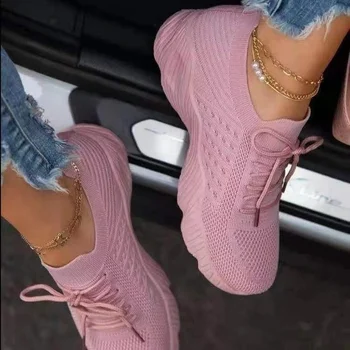 Sneakers Ayakkabı 2022 Moda Lace Up Platformu kadın ayakkabısı Yaz Artı Boyutu Düz Örgü spor ayakkabı Kadın vulkanize ayakkabı