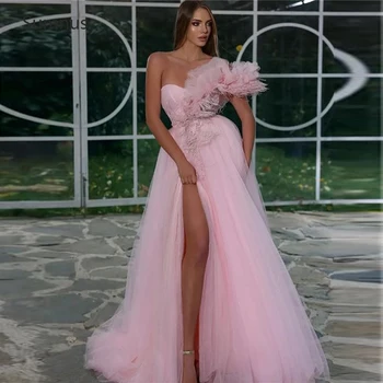 Sumnus 2022 Zarif Tül Pembe Aplikler balo kıyafetleri Bir Omuz Yüksek Yan Yarık Uzun Akşam Düğün Parti Elbise Yeni Varış