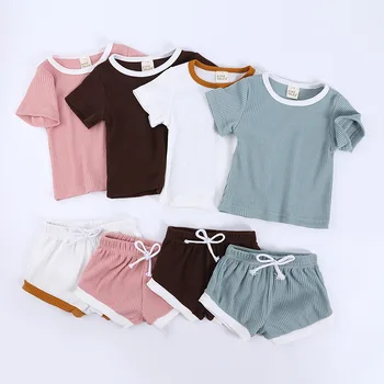 Toddler Bebek Erkek Kız Yaz Giyim Takım Elbise Yenidoğan Çocuklar Bebek Kız Nervürlü Örme Kısa Kollu T-Shirt + Şort Eşofman Setleri