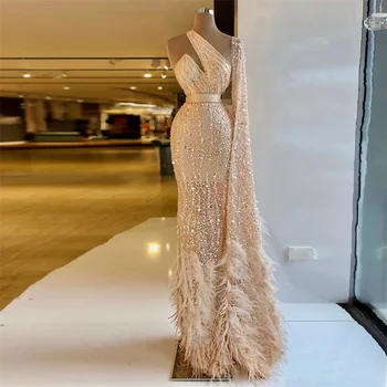 Tüy Glitter balo kıyafetleri Halter Bir Omuz Sequins Akşam Elbise Custom Made Kat Uzunluk Parti Kıyafeti