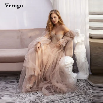Verngo Tozlu Pembe Tül Bir Çizgi Sevgiliye düğün elbisesi Ayrılabilir Puf Uzun Kollu Bahçe Ülke 2021 gelinlikler