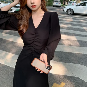 Vintage Siyah Elbiseler Kadınlar Casual 2021 Sonbahar Uzun Kollu Midi şifon elbise Kadın Zarif Tek Parça Elbise Kore Moda Şık