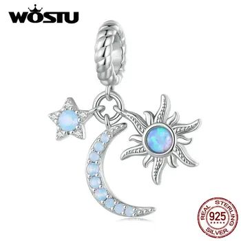 WOSTU 925 Ayar Gümüş Güneş Ay Yıldız Asılı Boncuk Mavi opal Kadınlar ıçin Fit Orijinal Bilezik Kolye Güzel Takı Hediye