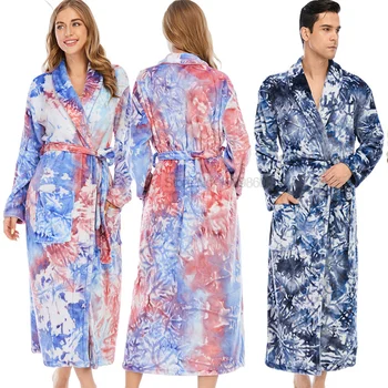 Yaka Batik Pijama Büyük Boy Çift Elbise Kış sıcak Pazen Bornoz Kimono Kıyafeti Ultra Uzun Gecelik Kalın İç Çamaşırı