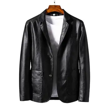 Yeni Ceket Erkek 2021 İnce Sonbahar Moda Fermuar Cepler PU Deri Erkek Takım Elbise Ceket Saf Düz Renk Eğlence Mont Erkek Üstleri