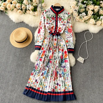 Yeni Moda Zarif Pilili Elbise kadın Sonbahar ve Kış Baskılı Uzun Kollu Tek Göğüslü Kore Giysiler Vestidos Q408