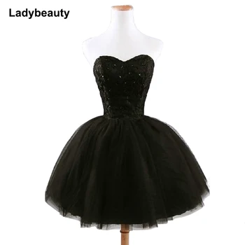 Yeni varış zarif kadın kısa balo elbise siyah dantel up prenses sevgiliye boncuk moda kadın siyah balo elbise