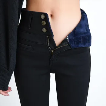 Yeni Yüksek Bel Kadife Kalın Kot Kadın Kış Sıska Streç Sıcak Kot Pantolon Anne Siyah Denim Pantolon Polar Pantolon P125