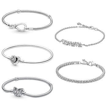 YENİ 925 Ayar Gümüş Infinity Düğüm Yılan Zincir Bilezik Dolaşık Sonsuz Kalpler Toka Bileklik Fit Kadınlar DIY pan Charms