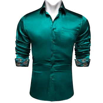 Yeşil Ekleme Ve Zıt Renkler Gömlek Erkekler İçin Uzun Kollu erkek Elbise Gömlek Tasarımcısı Streç Saten Erkek Giyim Bluzlar