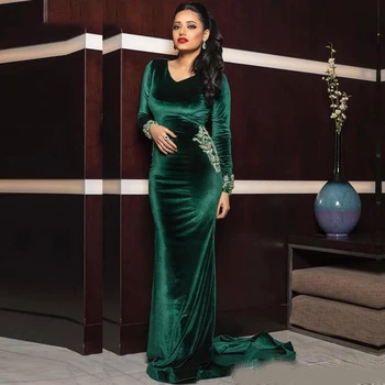 Zümrüt Yeşil Akşam resmi Elbiseler Boncuklu Boncuk V Yaka Uzun Kollu Kadife Mermaid Arapça Müslüman Dubai Balo Abiye
