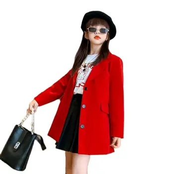Çocuk Giysileri Kızlar için Ceketler Bahar Sonbahar Kırmızı Takım Elbise Üniforma Genç Giyim Moda Yeni Kore Giyim Resmi Üstleri 4-14 yıl