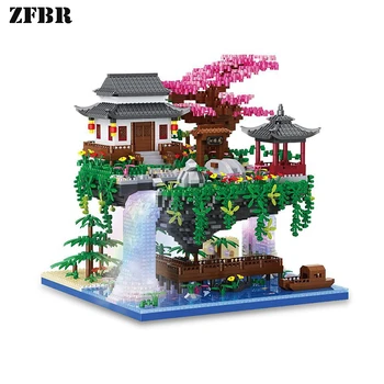 Şeftali ağacı Falls Pavilion Sokak Görünümü Mini Blokları Ev Dekorasyon DIY Yapı Taşları Monte Tuğla oyuncak Hediye