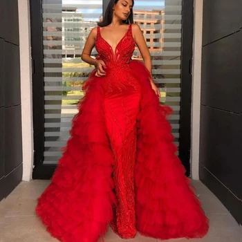 Şık Uzun Mermaid Aplike Kırmızı Arapça Abiye Moda Balo Örgün Törenlerinde Ayrılabilir Katmanlı Tren vestido largo